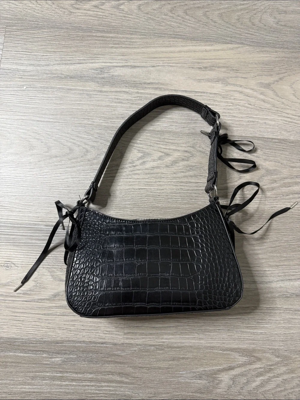 Croc-Embossed Black Shoulder Bag with Ribbon Tie Details